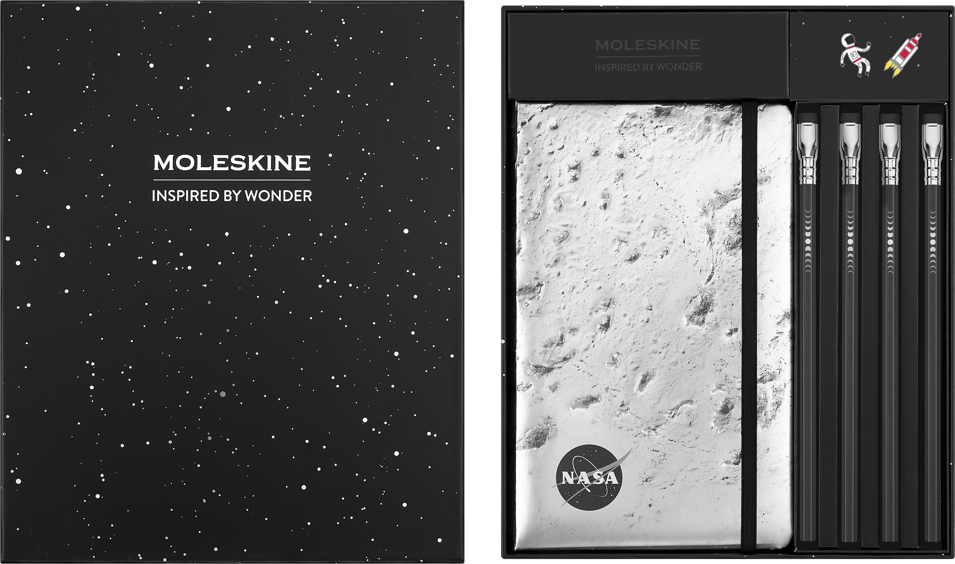 Imagem do produto  Moleskine Box NASA Caderno Capa Dura Grande Pautado + 2 Pins + 4 Lápis Blackwing